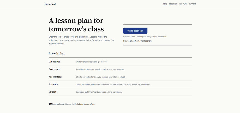 Lessora landing page with the headline "A lesson plan for tomorrow's class"