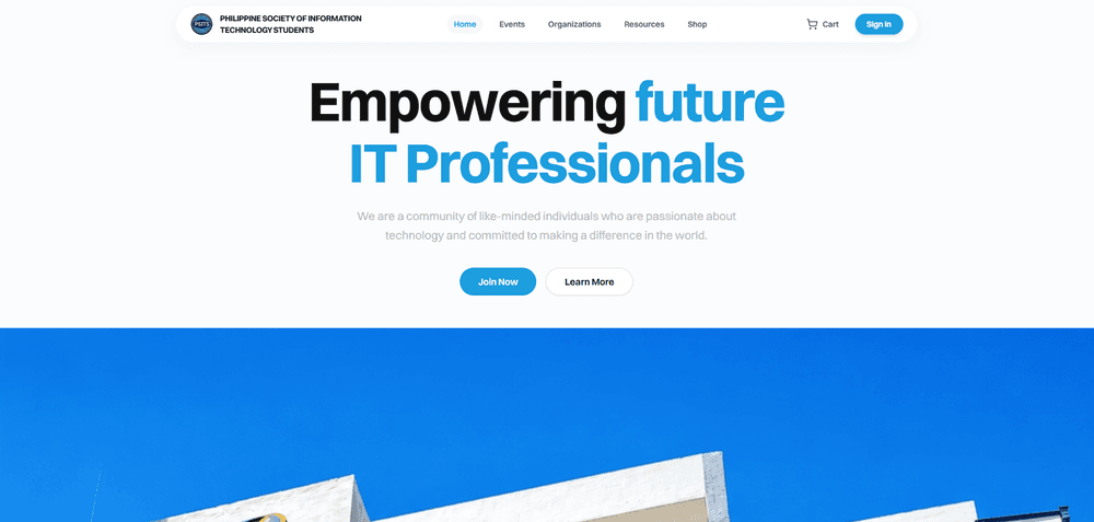 PSITS homepage with the headline "Empowering future IT Professionals"